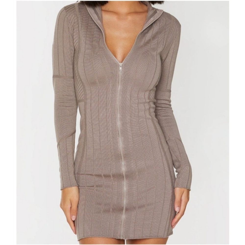 PrettyLittleThing Mocha Ribbed Knit minidress